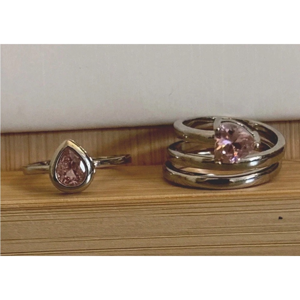 2 Piece White Gold Plated Pink Heart CZ Ring Set | Romantic Boho | Adjustable - Picture 8 of 14